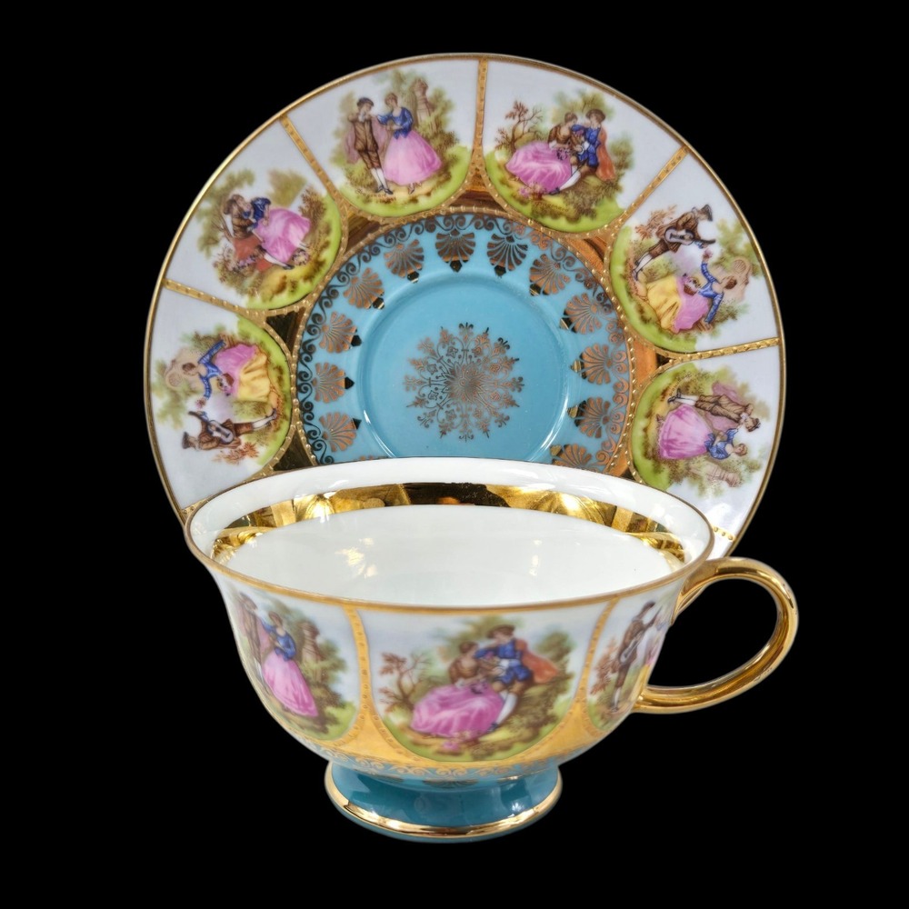 Vintage Bavaria Germany E Fine China Teacup Saucer Lady Gentleman Gold Teal‎